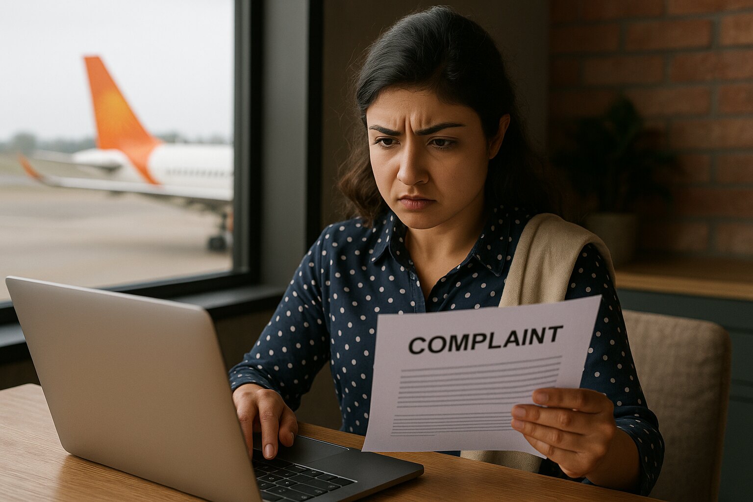 Frustrated woman at airport reading a complaint form while using a laptop to report an airline issue.