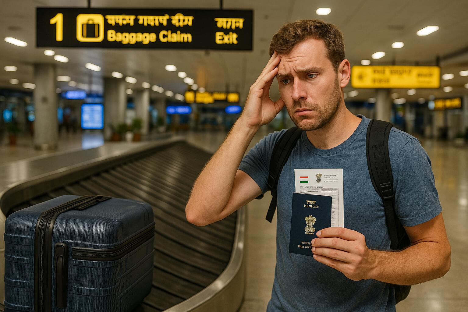 Worried foreign tourist at an Indian airport holding passport and arrival documents near baggage claim.