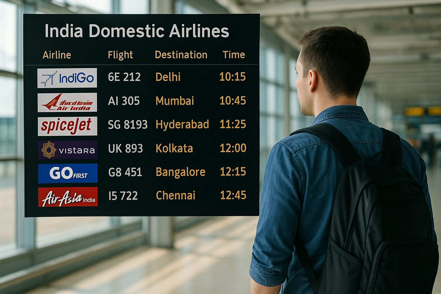 Male traveler looking at a digital flight schedule board showing major domestic airlines in India with destinations and departure times.
