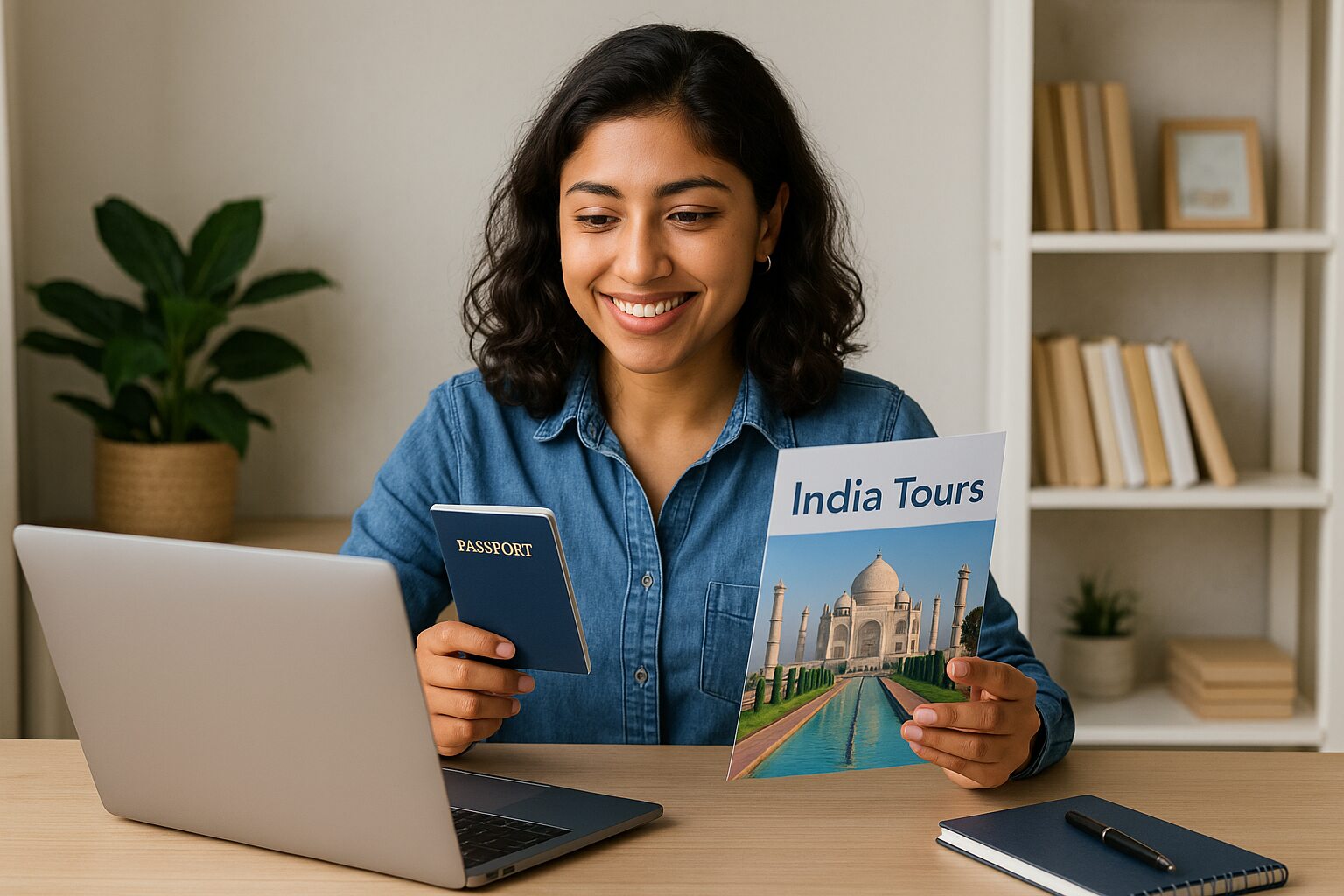 Smiling woman holding a passport and India tour brochure while booking travel online on a laptop.