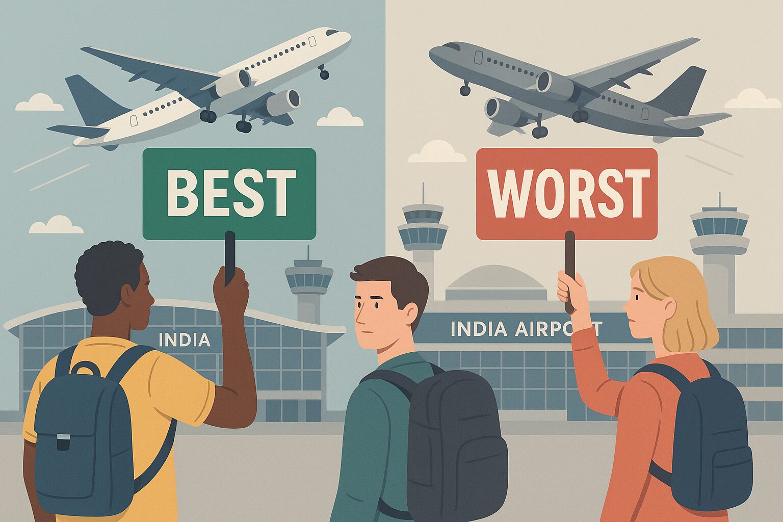 Illustration of international travelers holding signs ranking Indian airports as "Best" and "Worst" with airplanes in the background.