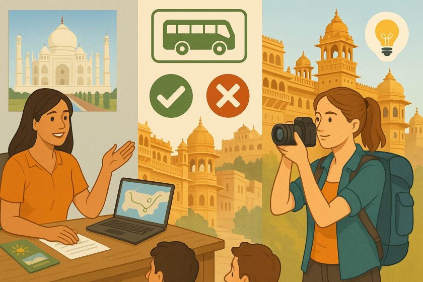 Illustration of a tourist getting travel advice from a guide while another traveler takes photos at a historic Indian site.