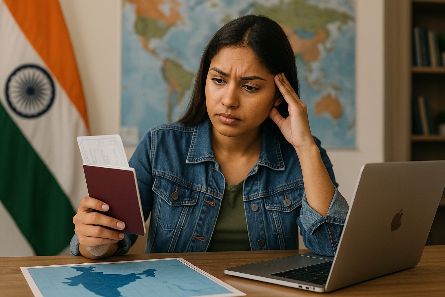 Concerned woman researching Indian visa extension while holding a passport at her desk.