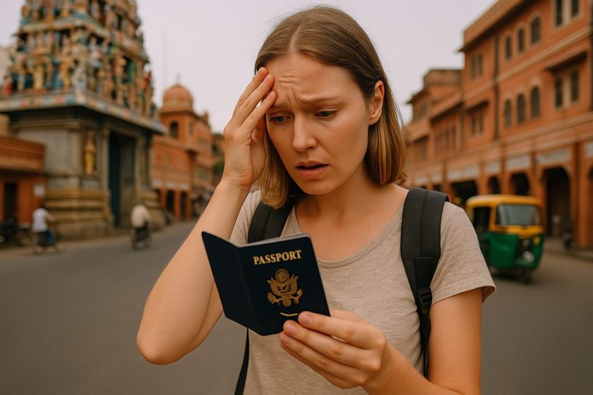 Worried female tourist holding a passport, standing in an Indian street with a stressed expression.