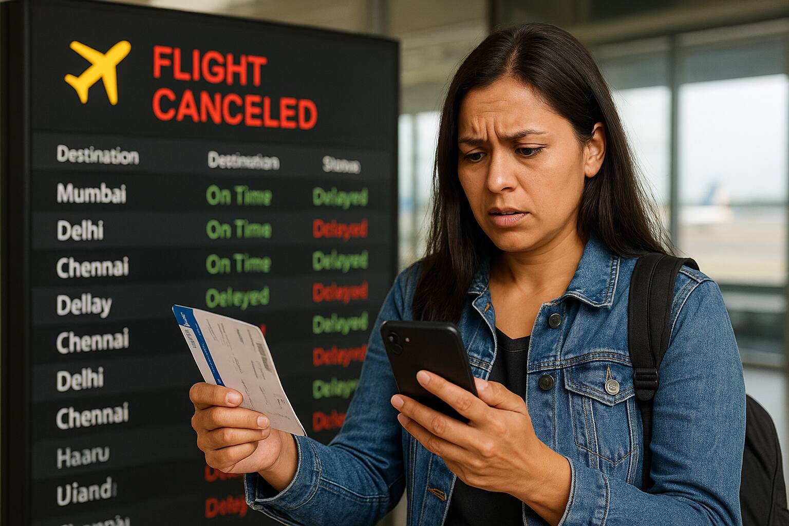 Concerned woman at airport checking phone and holding boarding pass in front of a flight cancellation notice.