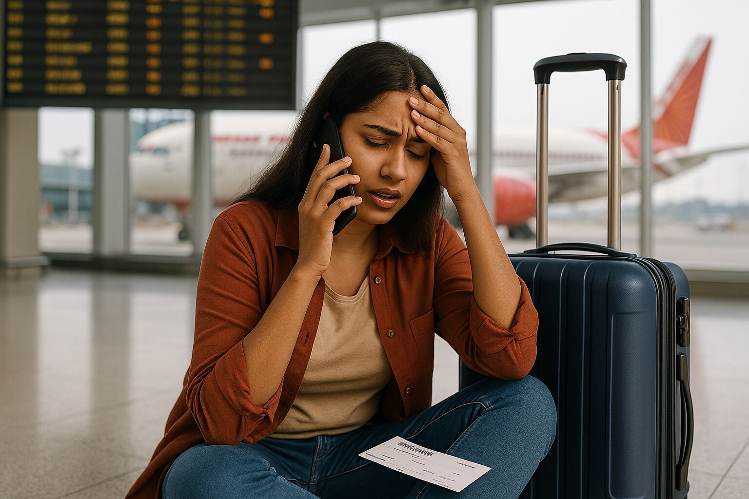 Frustrated woman sitting on airport floor with luggage, holding a boarding pass and speaking on phone after missing a connecting flight.