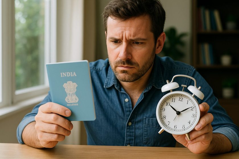 Concerned male traveler holding an Indian passport and alarm clock, looking worried about visa overstay.