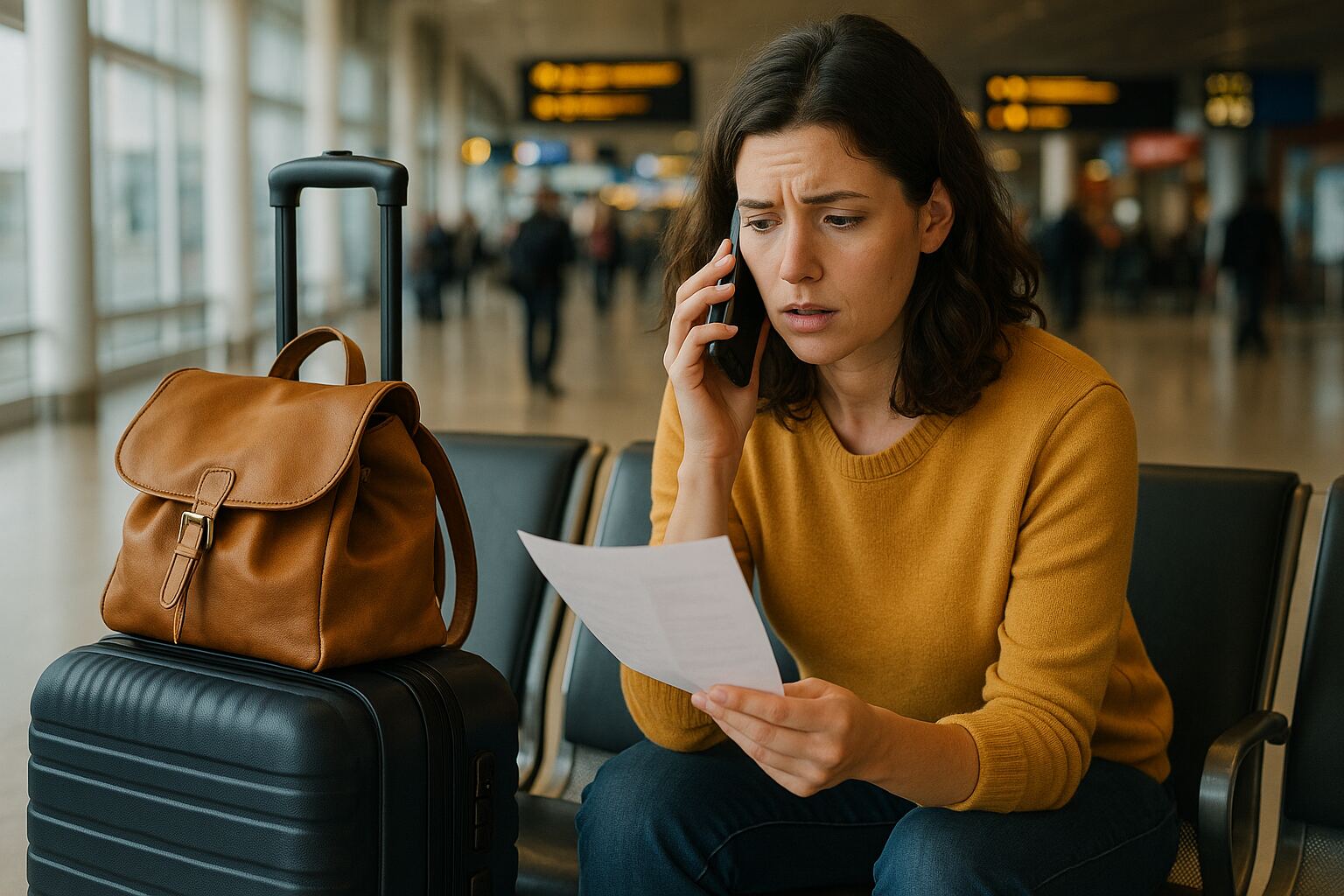 Worried woman calling for help at Delhi Airport while holding travel documents and sitting next to her luggage.