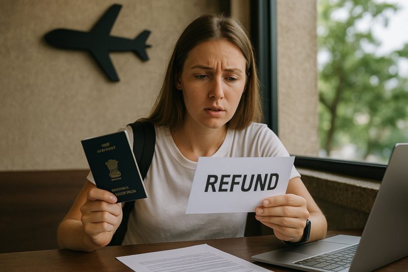 A concerned foreign woman holding a passport and a paper with the word “REFUND” while sitting at a desk with documents and a laptop.