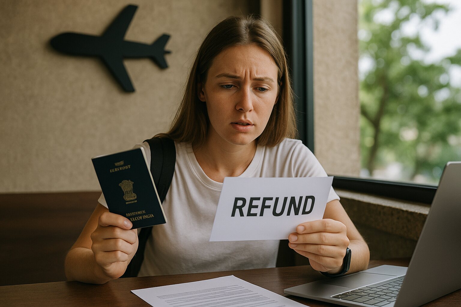 A concerned foreign woman holding a passport and a paper with the word “REFUND” while sitting at a desk with documents and a laptop.