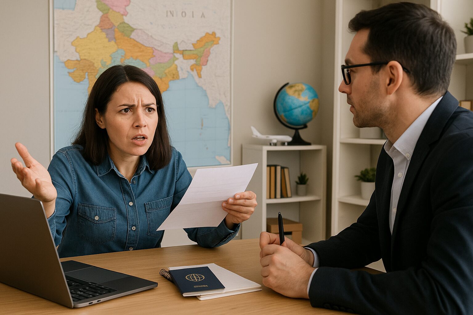 Frustrated woman holding papers and questioning a travel agent, with a laptop, passport, and a map of India in the background.