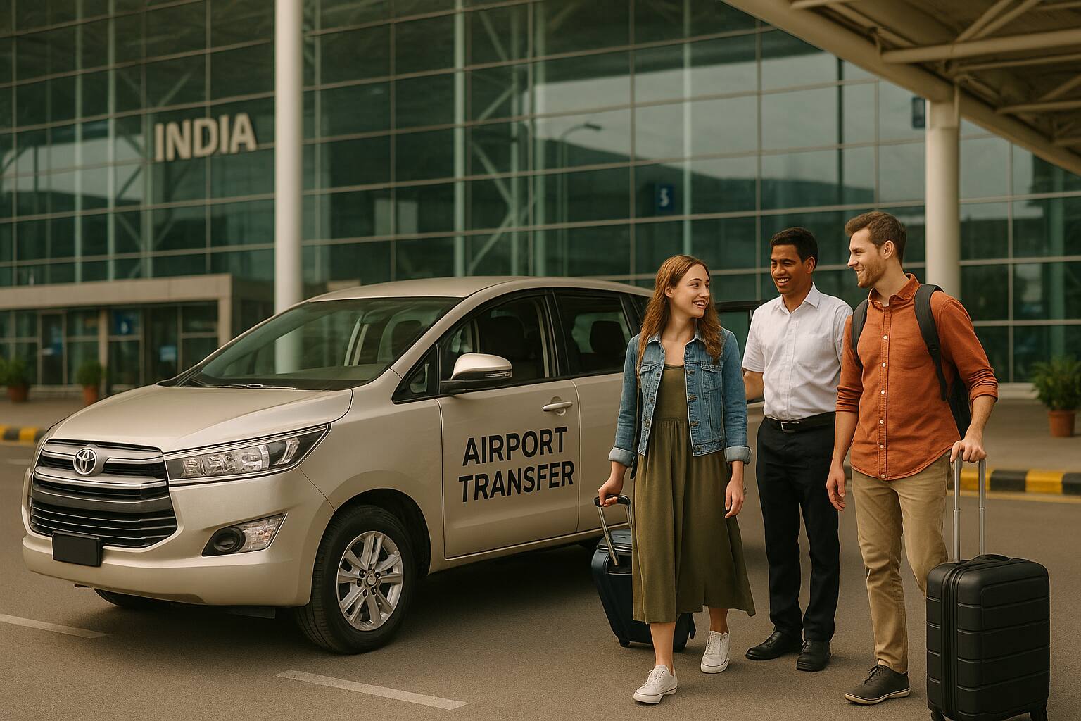 Tourists smiling with their luggage beside an airport transfer vehicle at an Indian airport, guided by a local driver.