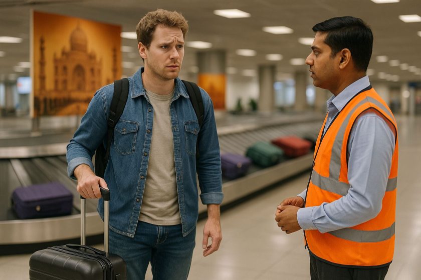 Worried foreign traveler speaking with airport staff at baggage claim after luggage fails to arrive.