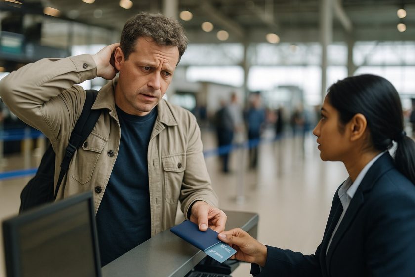 Concerned foreign traveler at an Indian airport counter facing payment issue with a card, speaking to a female airport staff.