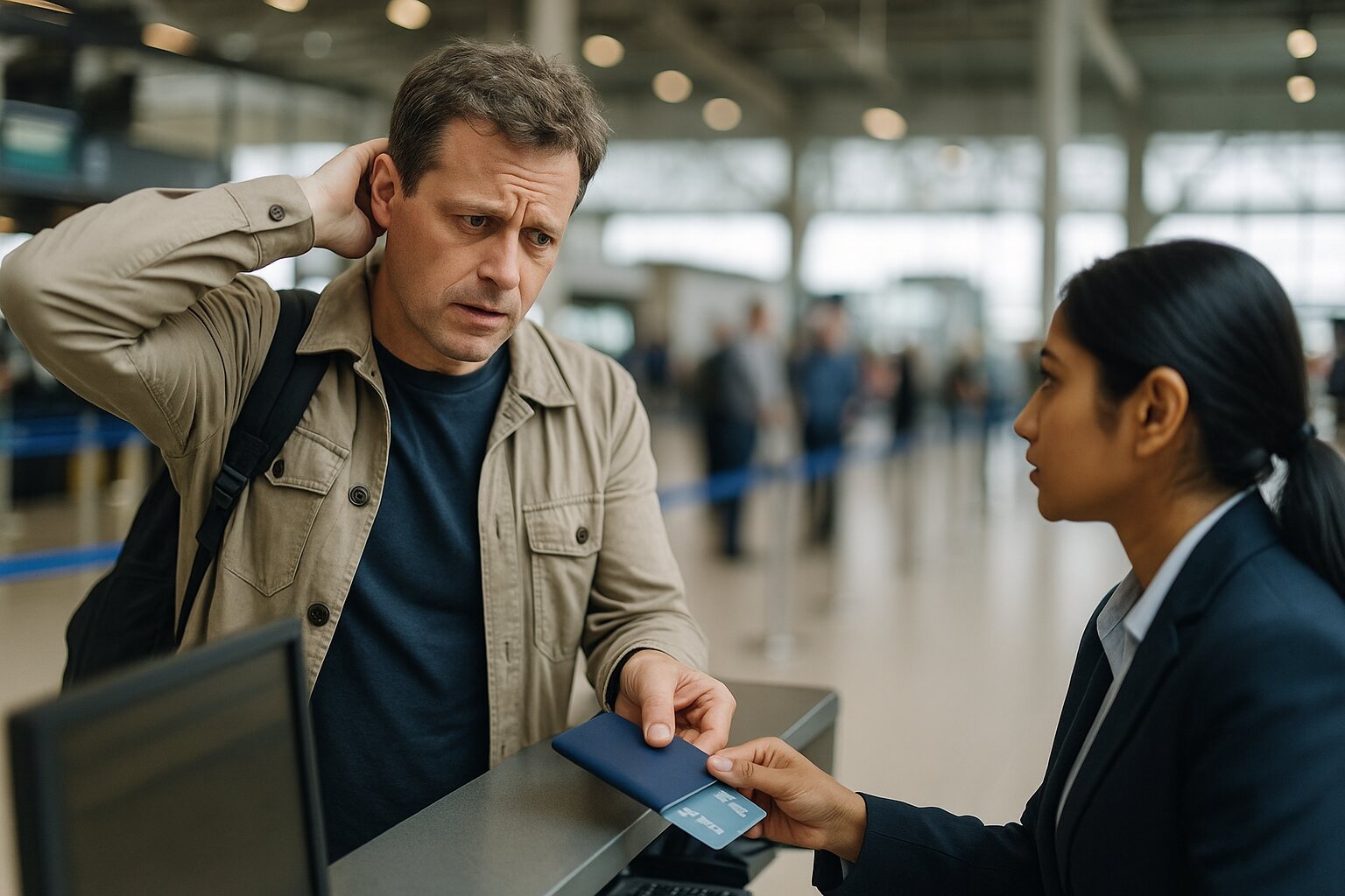 Concerned foreign traveler at an Indian airport counter facing payment issue with a card, speaking to a female airport staff.