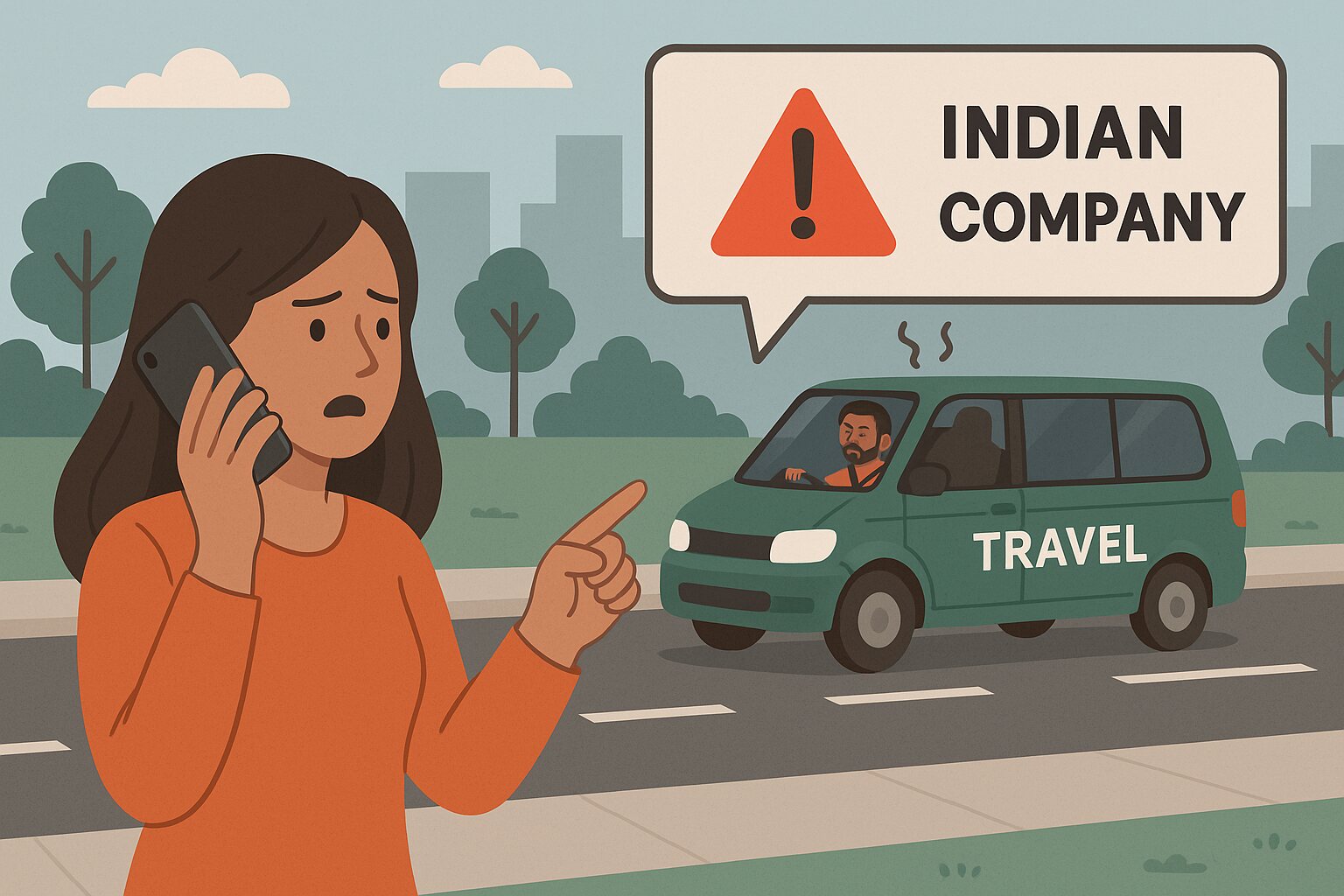 Worried woman calling to report an unsafe travel driver from an Indian travel company, illustrated in a cartoon style.