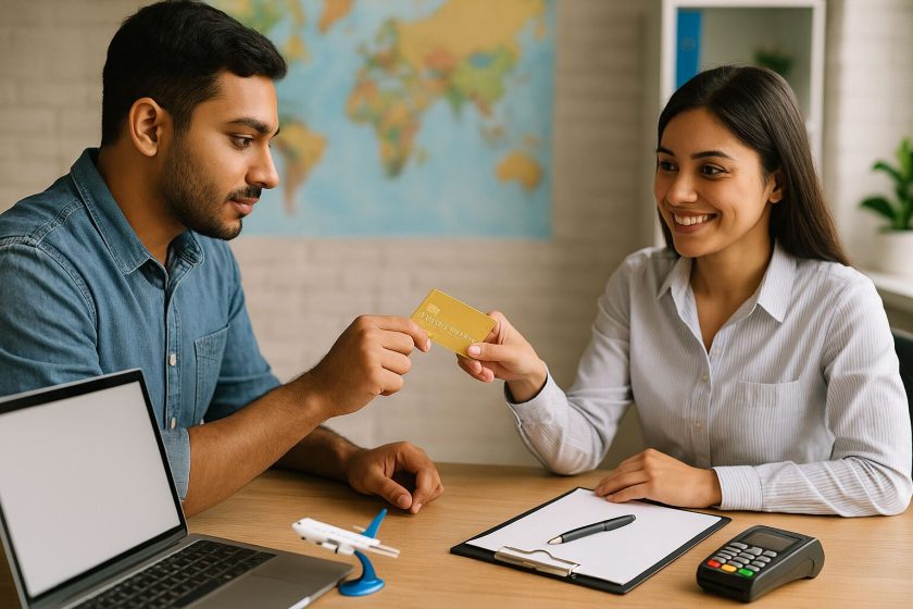 A man hands over a credit card to a smiling travel agent across a desk with a laptop, notepad, and payment terminal.
