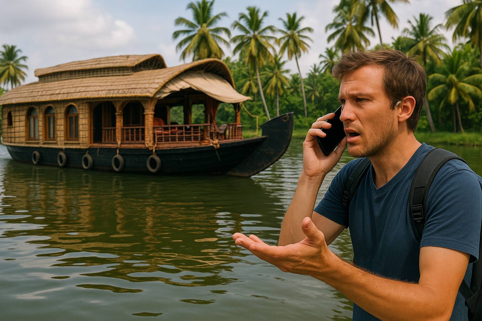 Frustrated male traveler calling travel agent after discovering a different houseboat in Kerala's backwaters than originally booked.