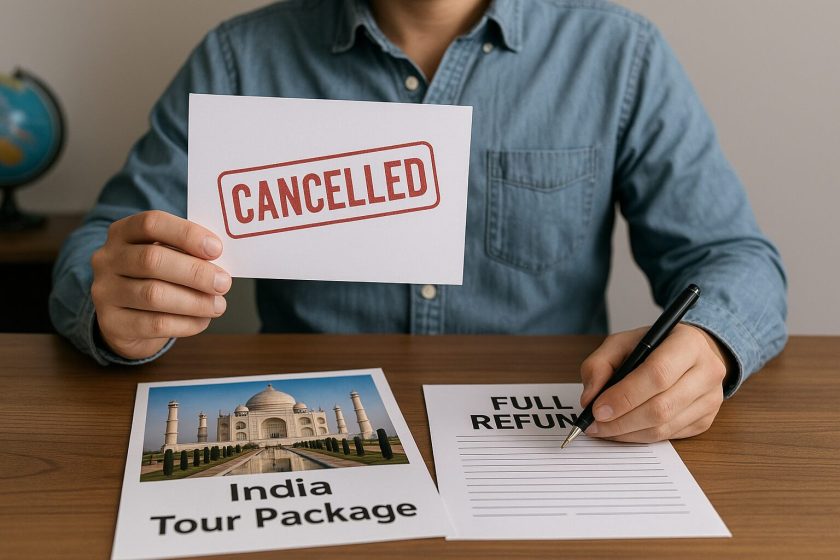 A person holding a “CANCELLED” sign with documents on the table labeled “India Tour Package” and “Full Refund” while signing a form.