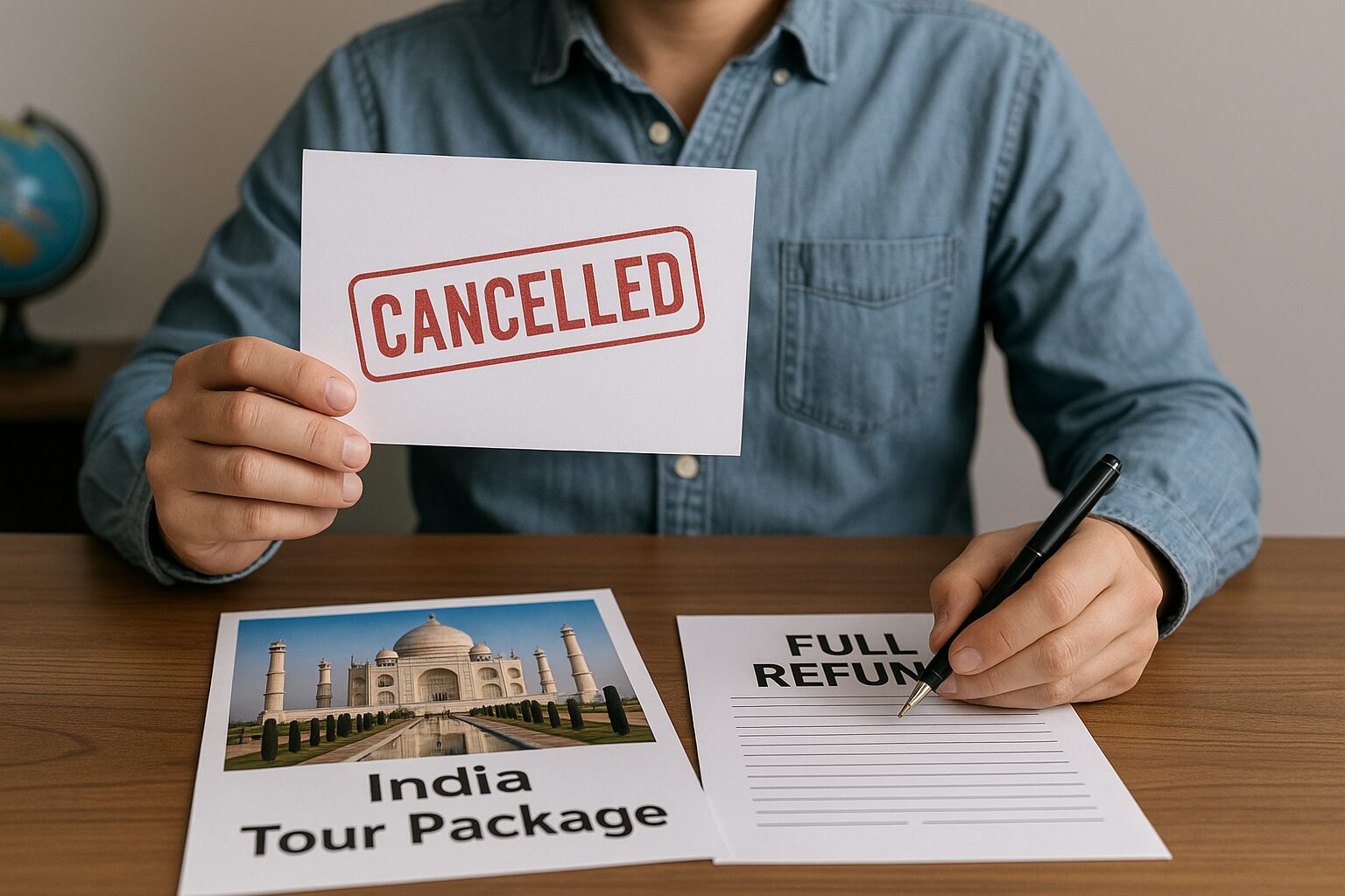 A person holding a “CANCELLED” sign with documents on the table labeled “India Tour Package” and “Full Refund” while signing a form.