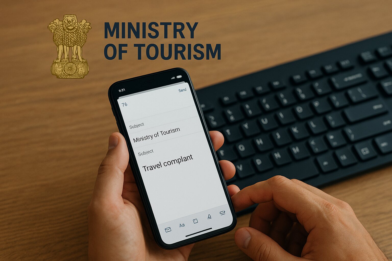 A person holding a smartphone with an email draft addressed to the Ministry of Tourism for a travel complaint.