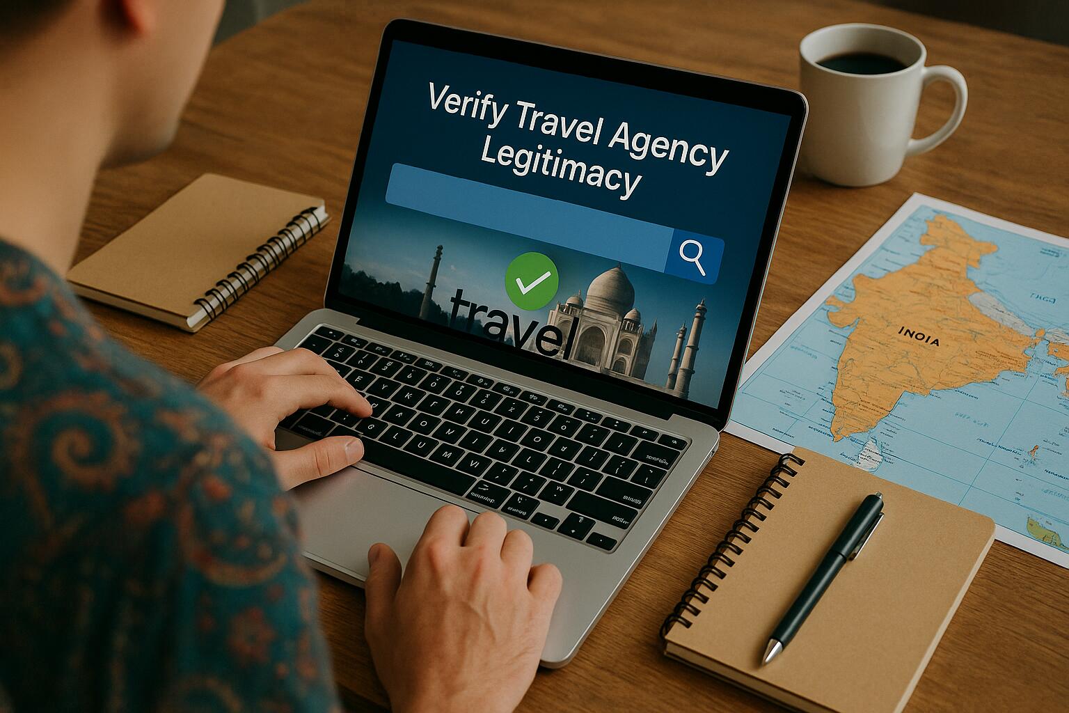 Person using a laptop to search for travel agency legitimacy with a map of India and notepads on the desk.