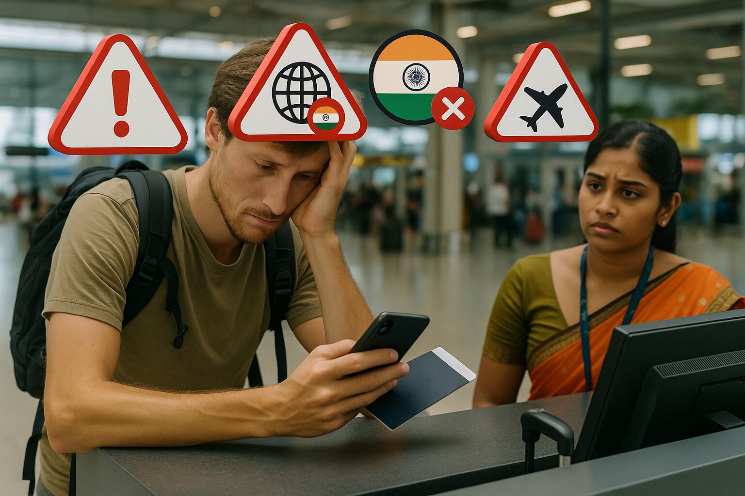 Frustrated foreign tourist checking phone at Indian airport check-in desk, with error icons above his head, while a female staff member looks on.