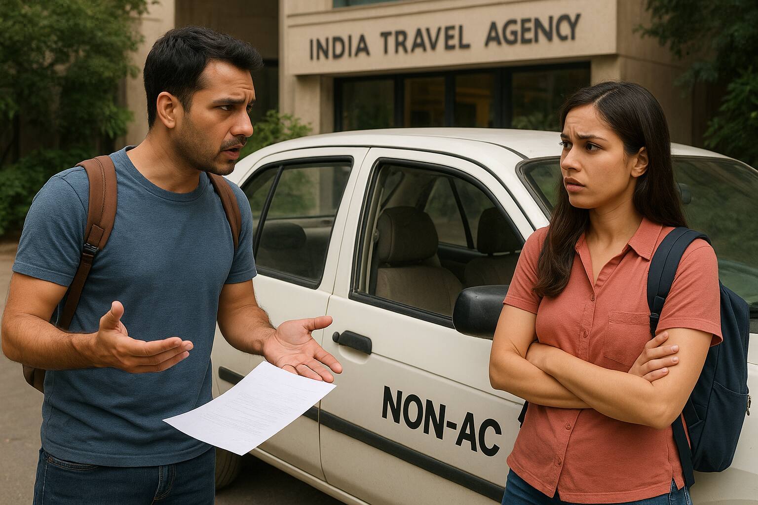 Concerned Indian travelers arguing in front of a car labeled “NON-AC” outside a travel agency office.