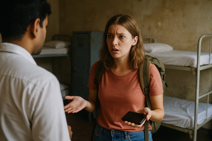A frustrated female traveler confronting a man in a hostel room with bunk beds, holding a phone and wearing a backpack.