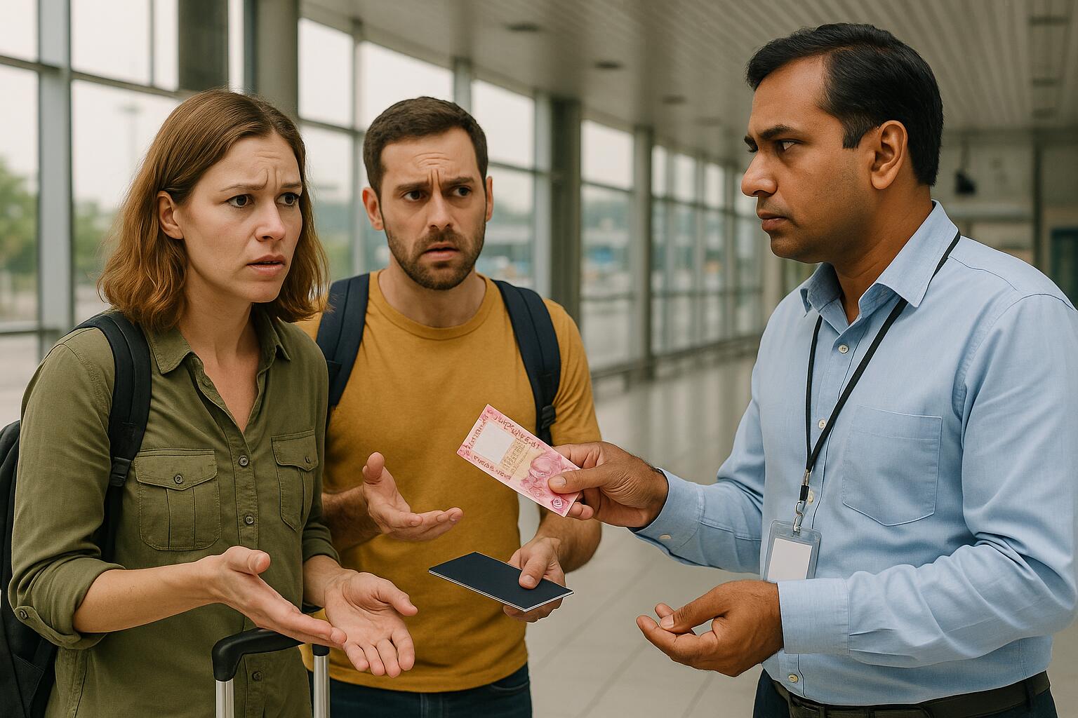 Confused foreign tourists confronting an Indian travel agent demanding extra cash at an airport or transit terminal.