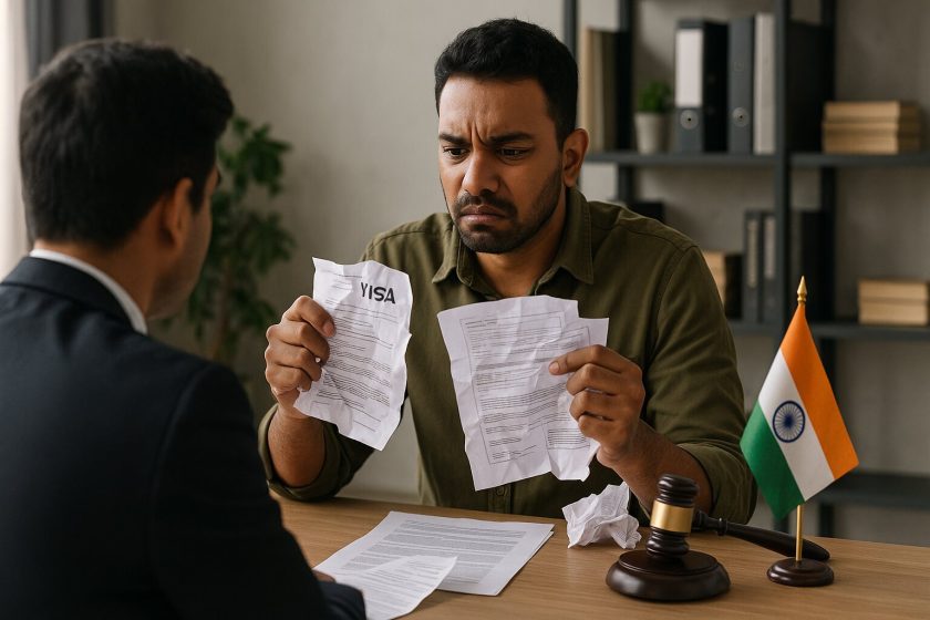 A frustrated man holding crumpled fake visa documents sits across from a lawyer with an Indian flag and gavel on the desk.