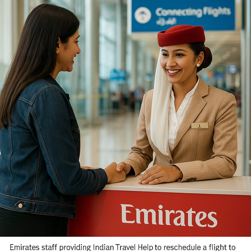 Emirates staff providing Indian Travel Help to reschedule a flight to India at Dubai Airport.