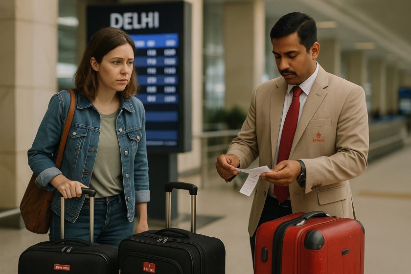 A concerned foreign traveler reporting lost Emirates baggage to airport staff at Delhi Airport.