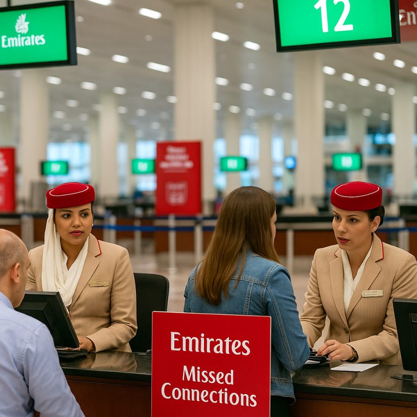 Emirates support desk at Dubai International Airport helping stranded passengers.