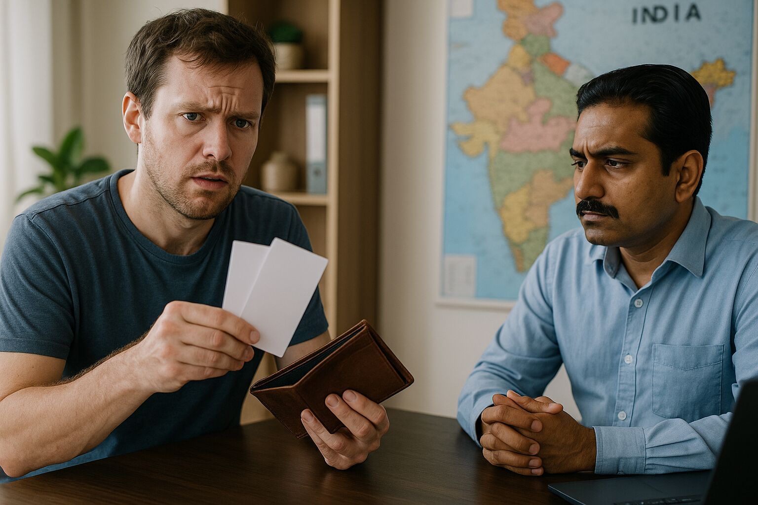 Frustrated foreign tourist showing empty travel cards from wallet to Indian official, with a map of India in the background.