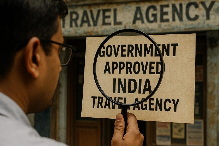 A man holding a magnifying glass over a sign that reads “Government Approved India Travel Agency” outside a travel office.